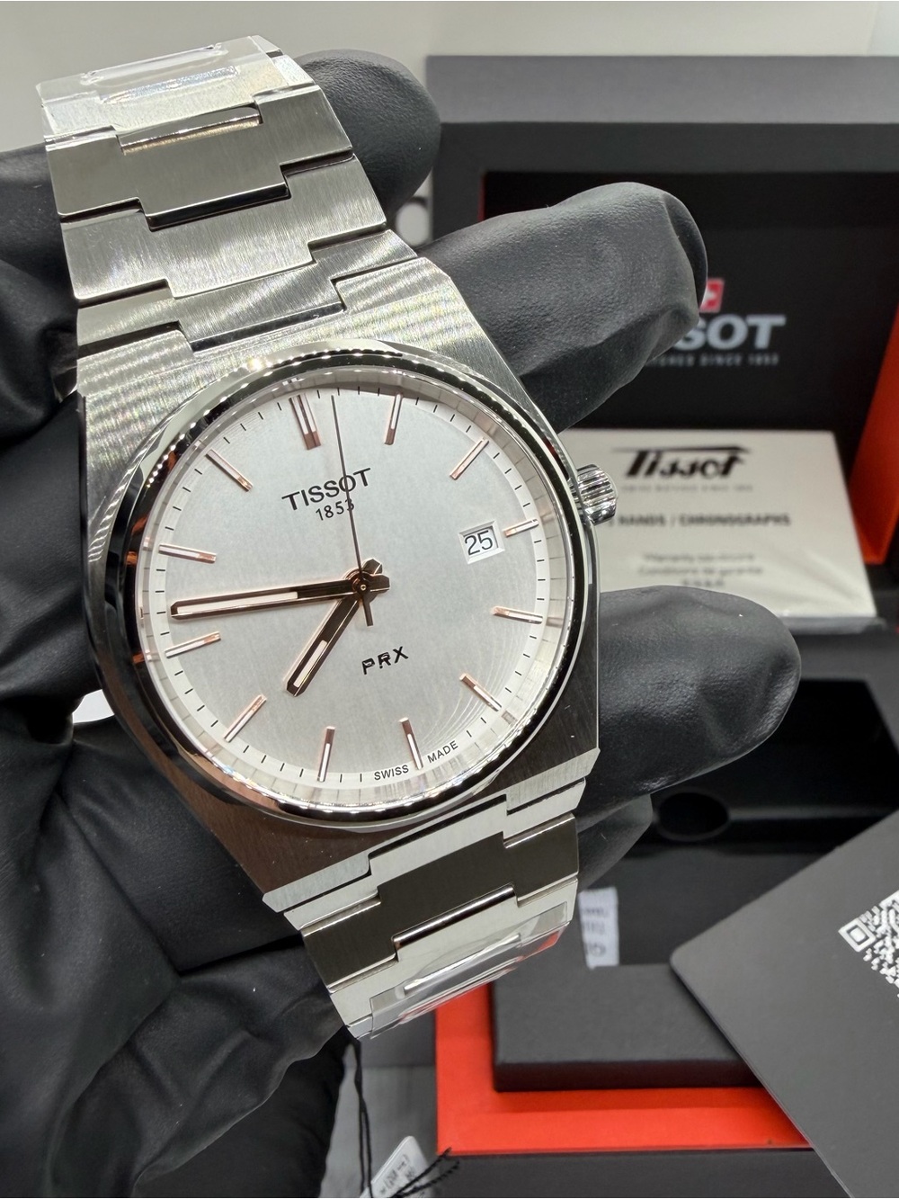 Tissot PRX Quartz Silver Dial Stainless Steel Watch with Rose-Gold Accents